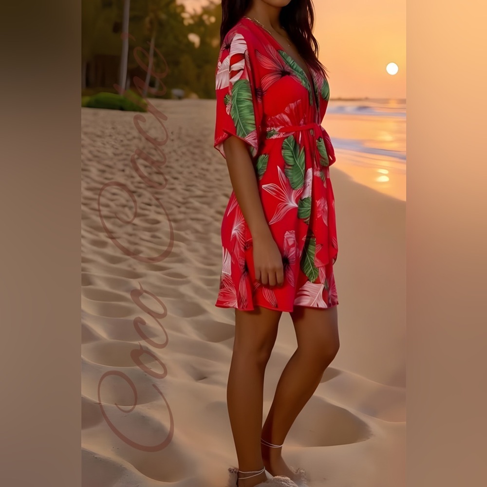 Tropical Print Dolman Sleeve Plunging Neck Belted Dress - Picture 2 of 9
